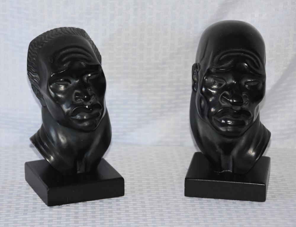 Signed Sculptures African Heads by American Artist Fred Press Tribal Bust